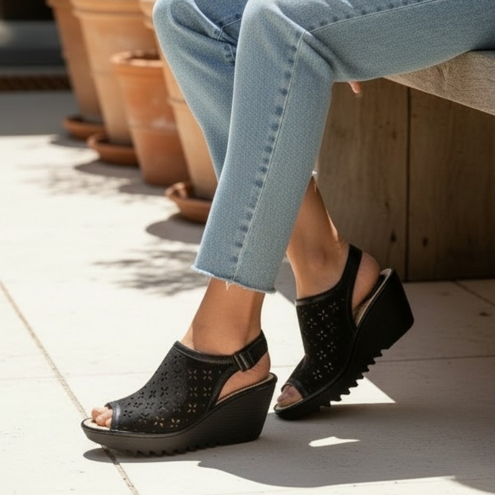 Fly London Black Wedge Peep Toe Sandals Women's Size 38/7.5-8 Vented  Wedge - Picture 9 of 9